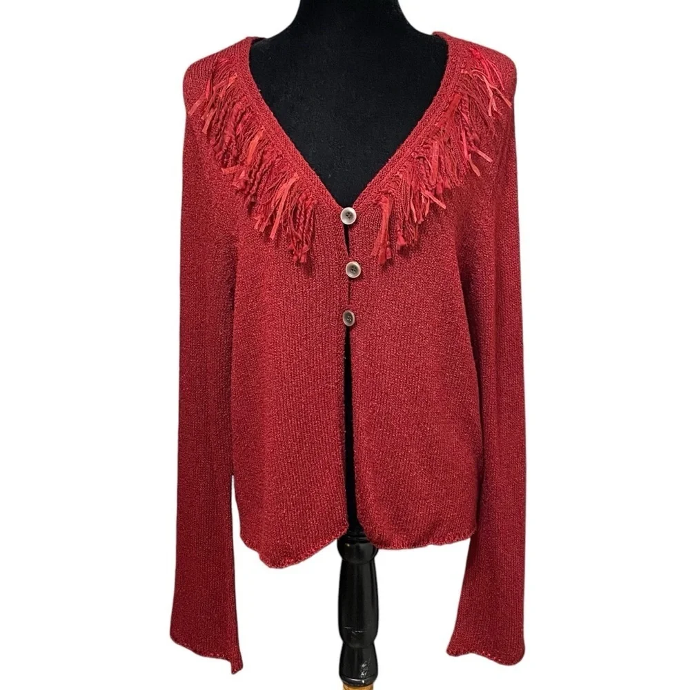 J Jill Red Silk Linen Fringe Cardigan Artsy Boho Sweater Lagenlook Medium - Picture 2 of 8
